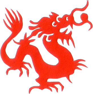 An artistic image of a red dragon with a white background
