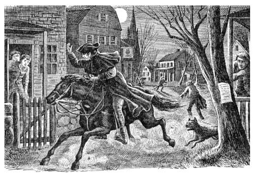 An artistic sketch of Paul Revere on horseback alerting a village of the approach of British forces.