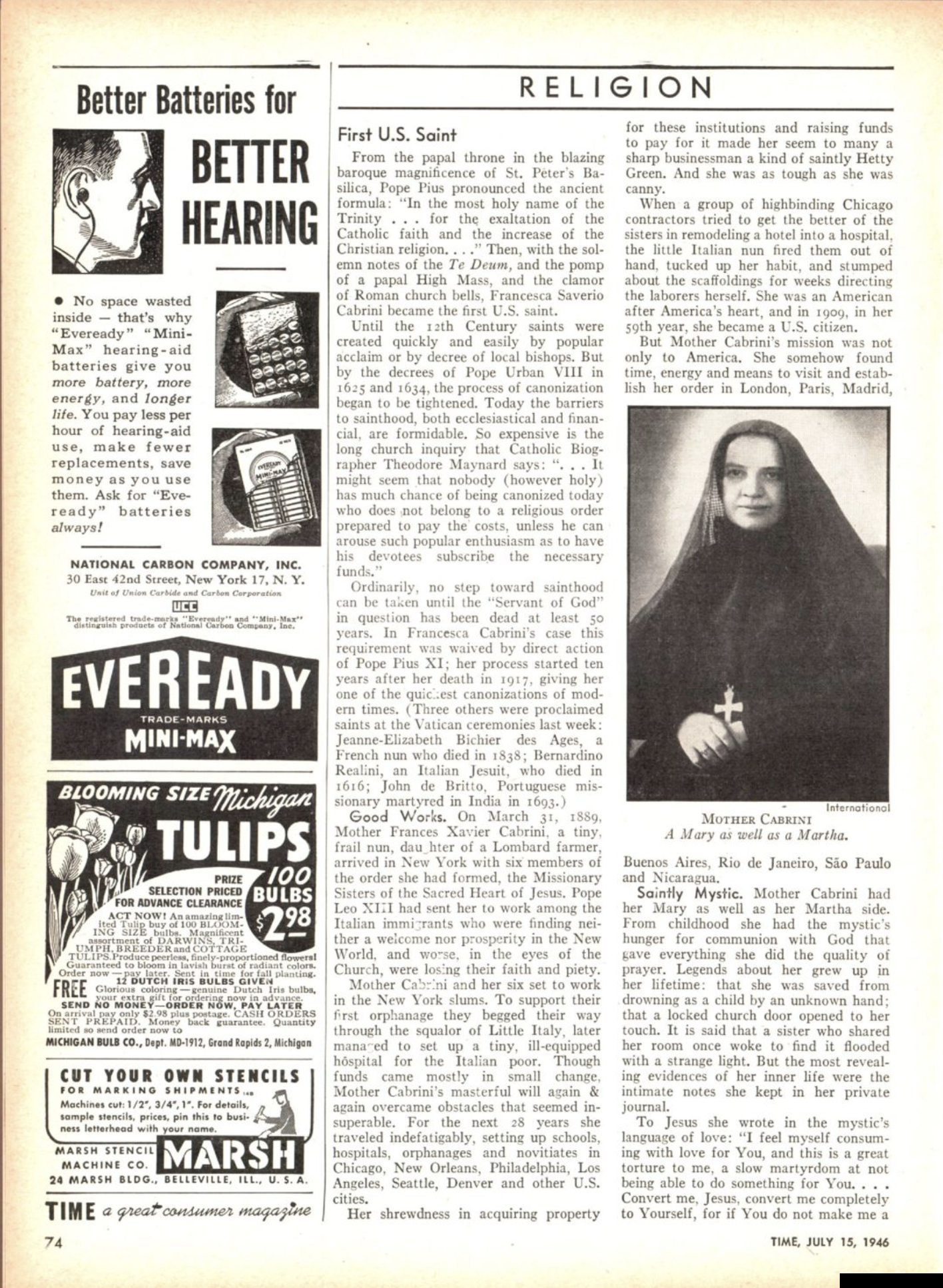 The first page of a two-page article that tells how Mother Cabrini became a saint.