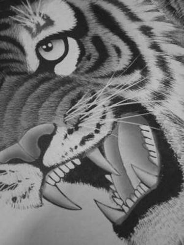 An artistic image of the head of a tiger with open jaws.
