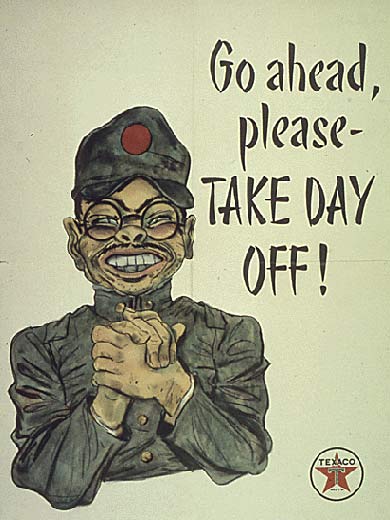 Artistic caricature of a Japanese soldier asking America to take a day-off in broken English.