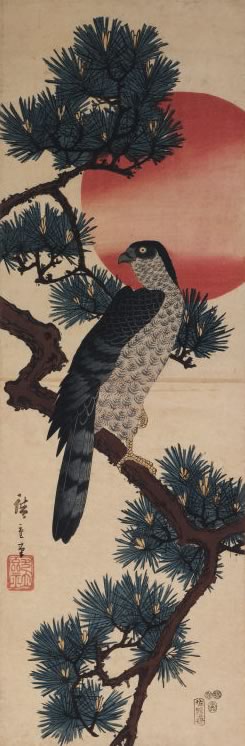 An ancient painting of a hawk in a pine tree that faces forward but is looking backward.