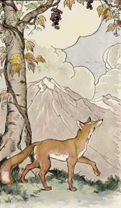 A thumbnail image of a painting by Milo Winter depicting the fox of Aesop's fable walking away from the out-of-reach grapes.