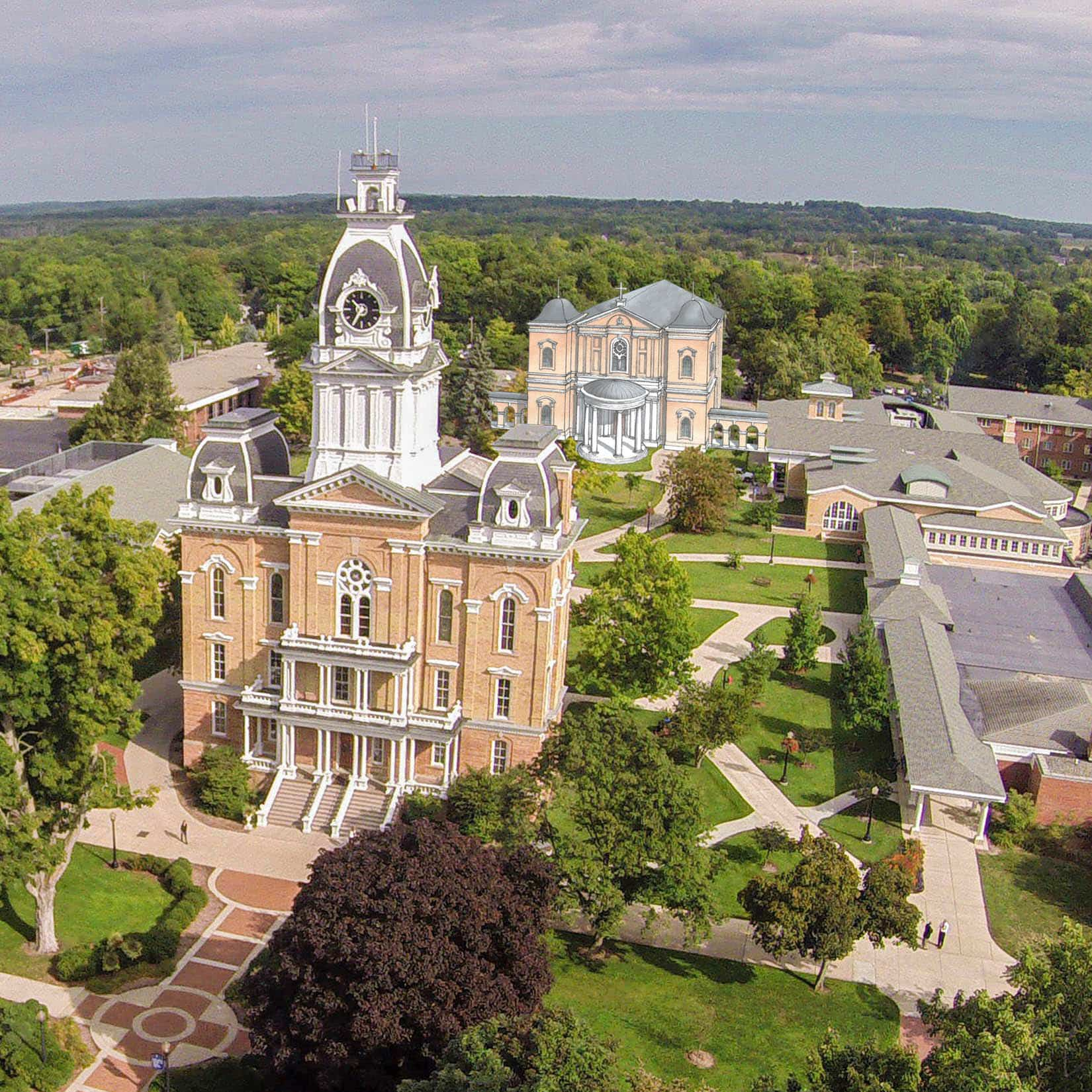 A thumbnail image of the Hillsdale College campus showing its administration building and chapel.