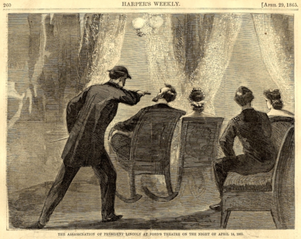 The assassination of Abraham Lincoln while in attendance at theatre.
