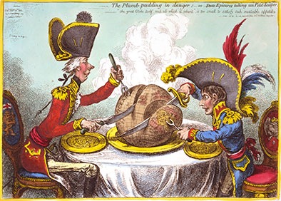 A cartoon of two colonial monarchs carving the globe into political territories.