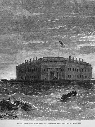 A painted illustration of Fort Lafayette in New York harbor.