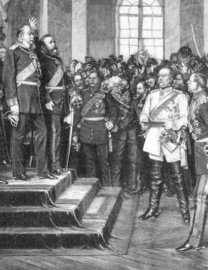 A portrait of the Prussian king, William I, announcing the establishment of Germany's Second Reich