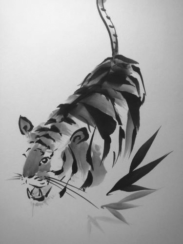 An artistic image of a tiger walking through tall grass