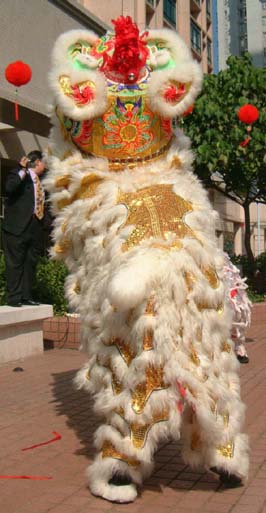 1st Frame of Lion Dance: The lion is standing on its hind legs with its back to the audience