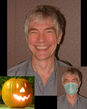 Self-portrait with and without a clinical mask together with the photographic image of lit jack-o'-lantern